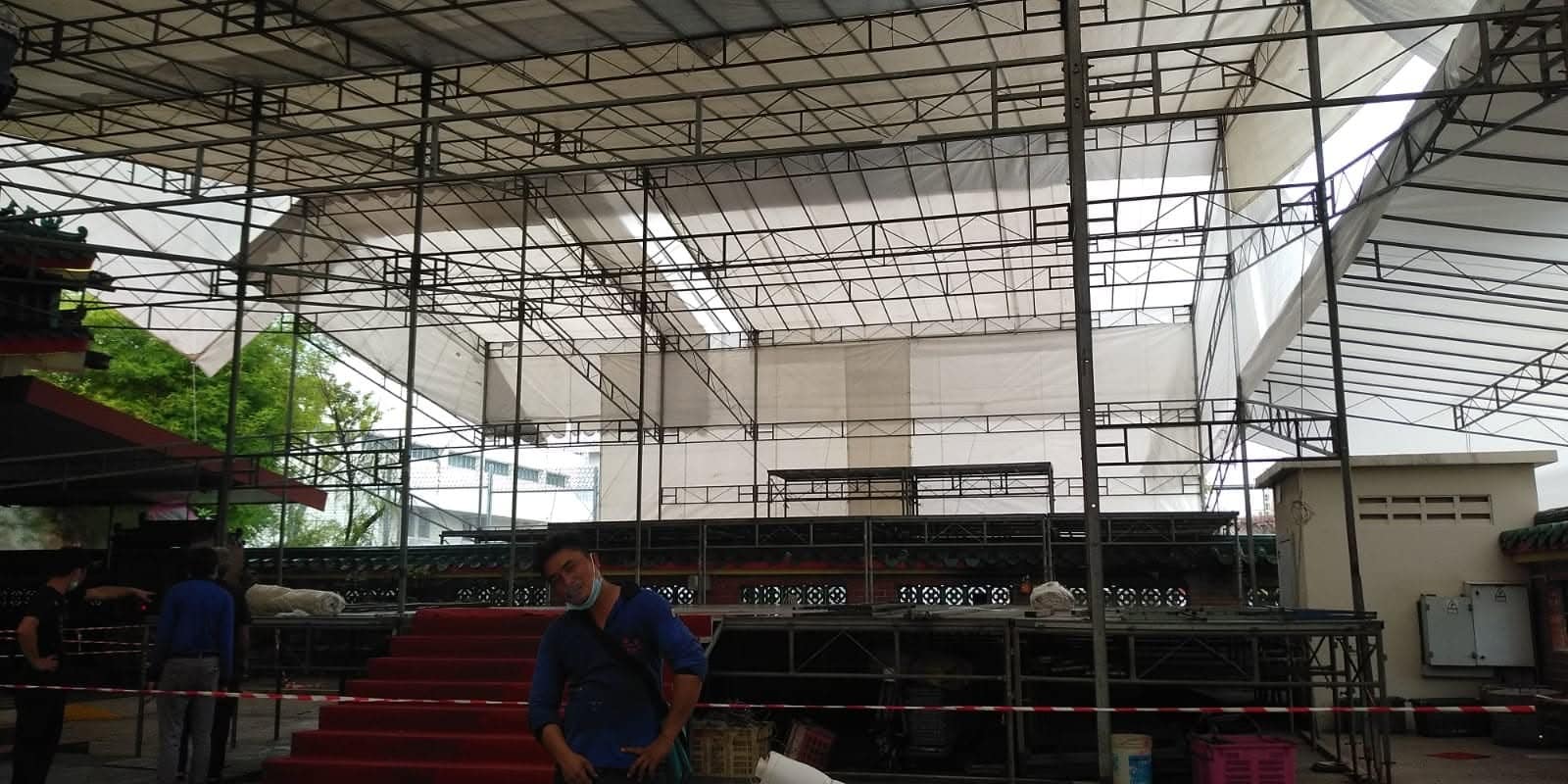 Red tentage setup at a food and event site